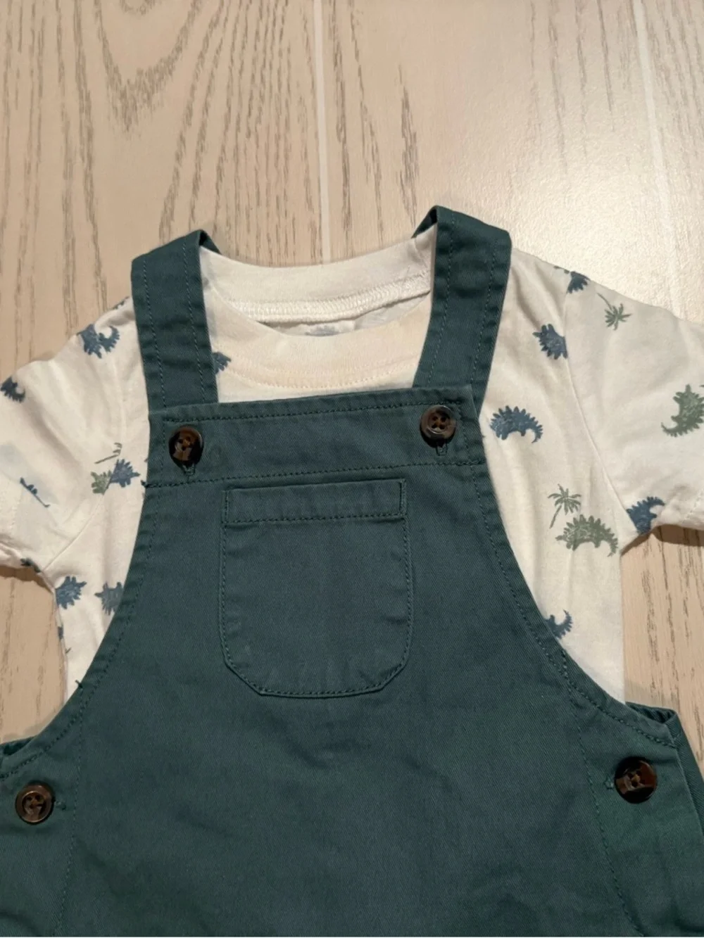 Carters Baby Boy 12M Dino Outfit Shortall Set Green‎ Overalls Shirt EUC